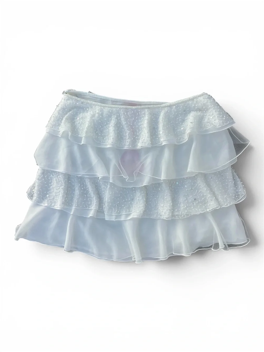 NWT Dyspnea Petalè White Hand Beaded Sequin Tiered Ruffle Mini Skirt